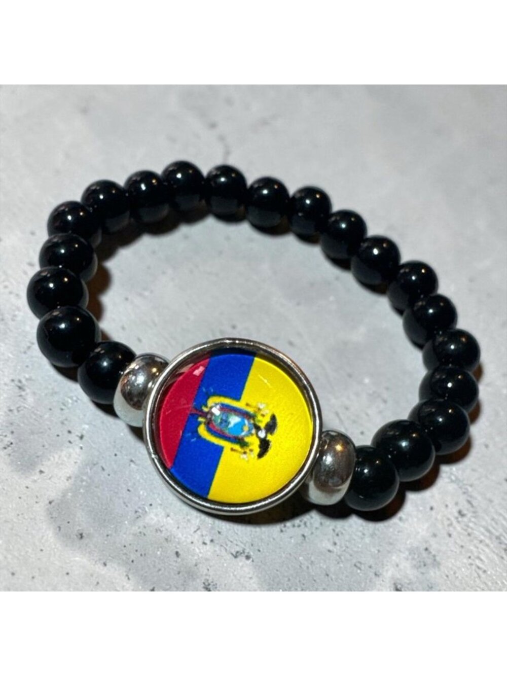 Ecuador Flag Beaded Bracelet With Black Beads & Silver Accents Adjustable Elasti